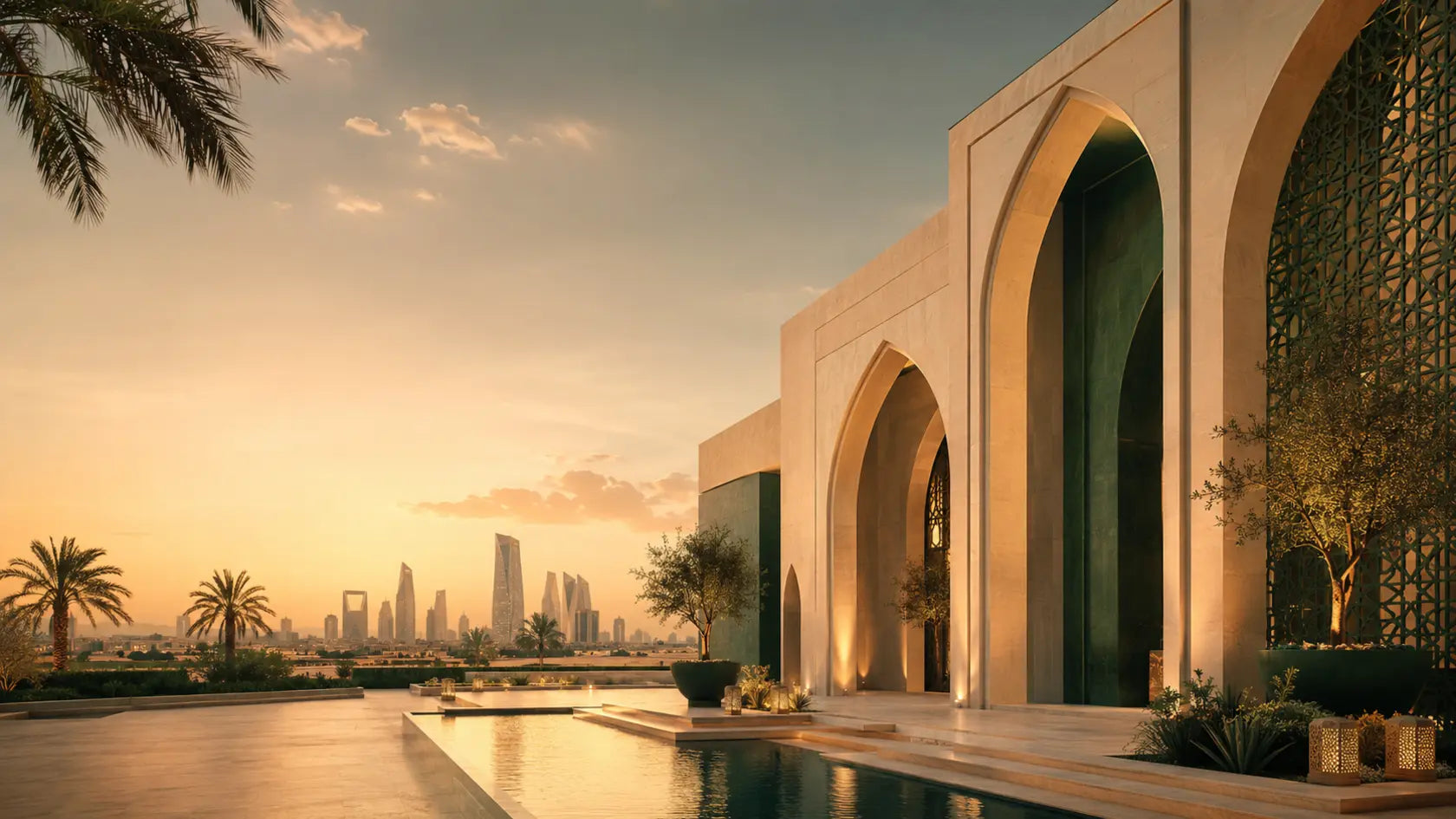 Premium contemporary Saudi architecture at golden hour